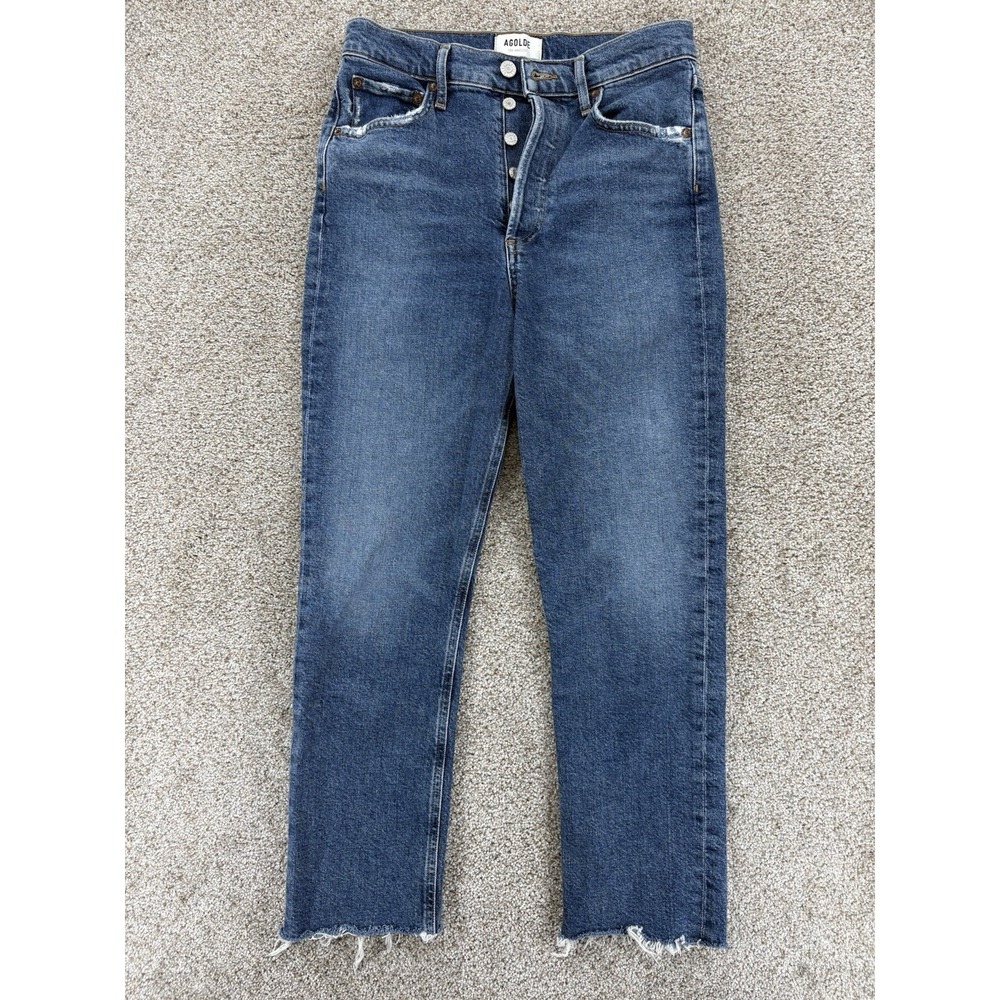AGOLDE Riley High Rise Straight Crop Jeans Sz 26 Blue Silence Button Fly Raw Hem
